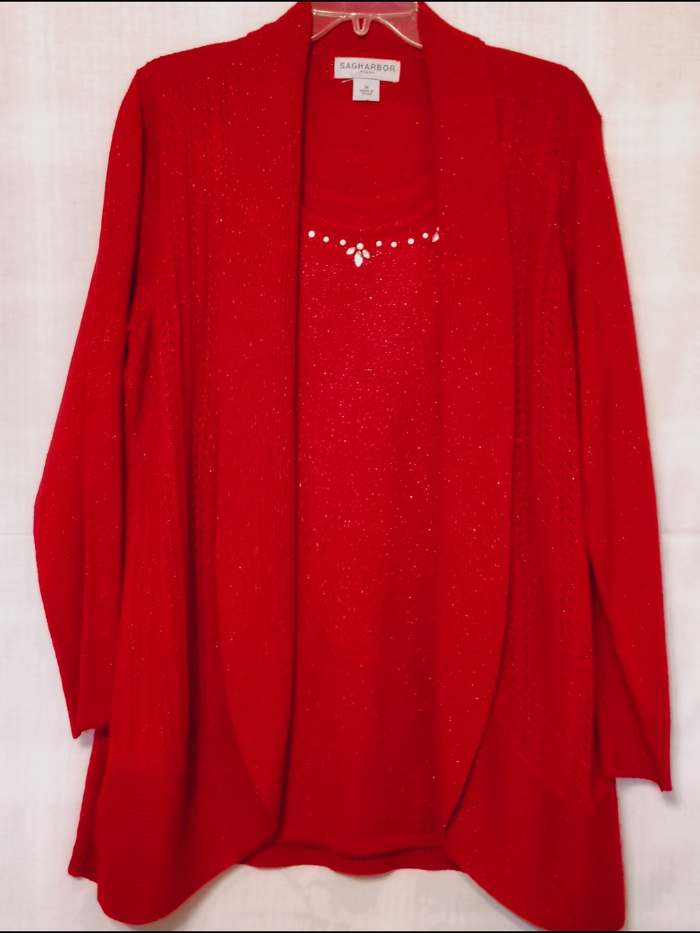1X Sage Harbor- Red Top With Attached Open-Front Cardigan